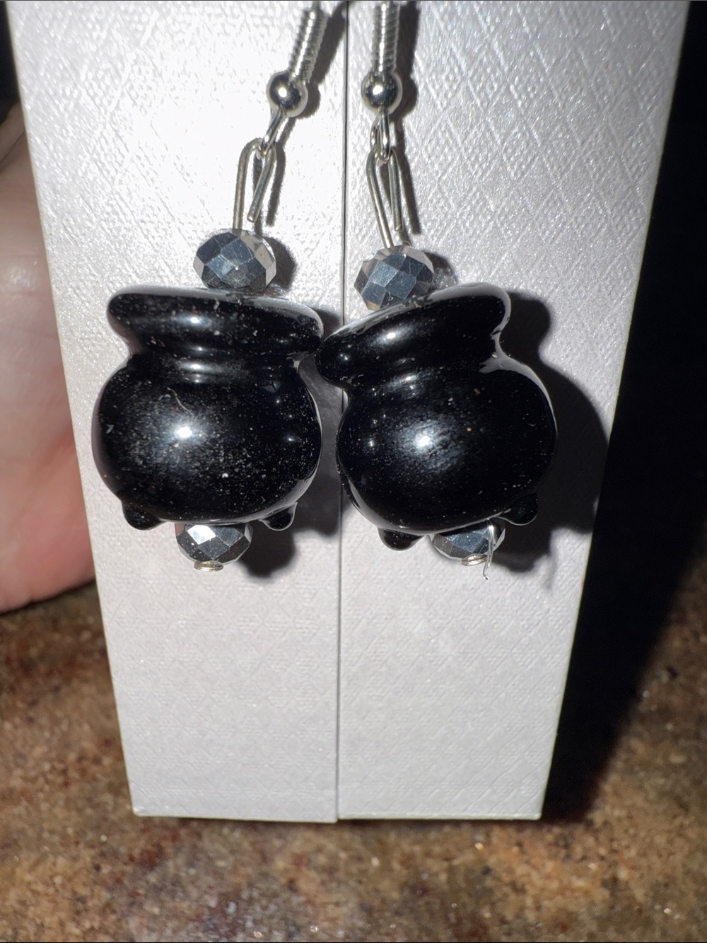 Black Witch Cauldron Glass silver Halloween Dangle Earrings